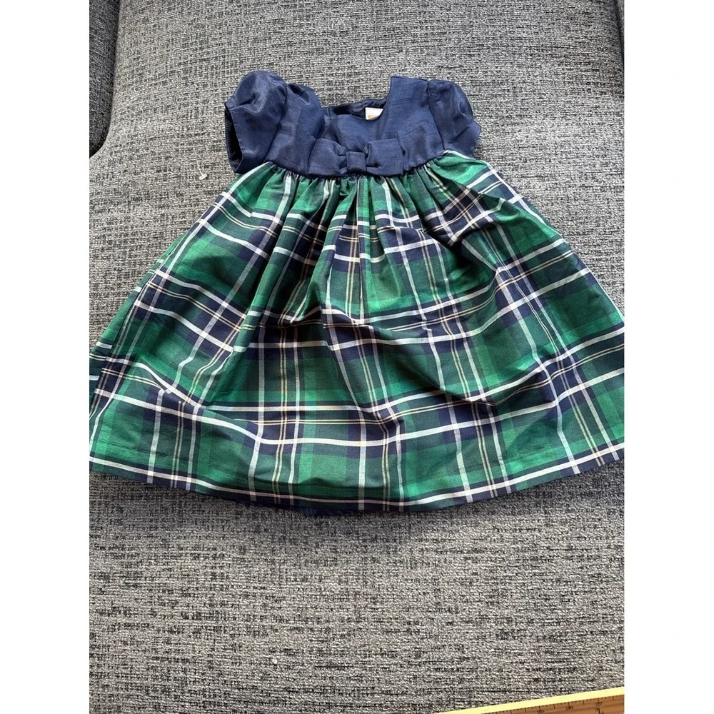 Gymboree Plaid Dress Navy Blue Green Puffy‎ Sleeve Baby Girls 12 18 Months